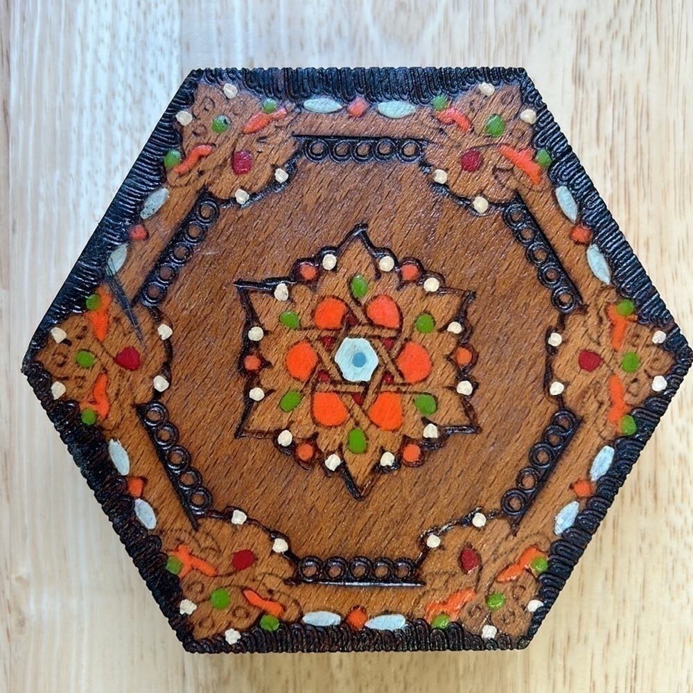 Antique Vintage Wooden Hexagon Hand Painted Box Holder Case Chest 1973